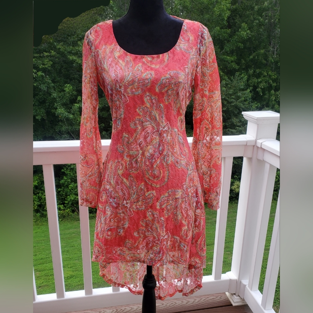 Snap Women's Coral Lace High-Low Mini Dress Sz LG